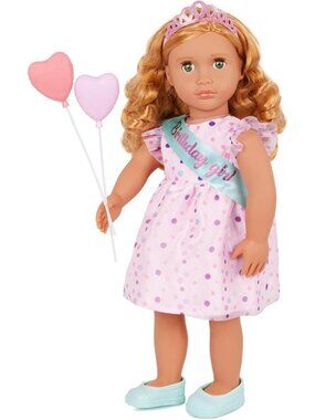 18" Lifelike Doll with Green Eyes & Wavy Blonde Hair - Birthday Dress